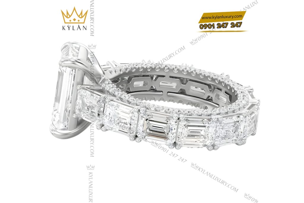 Nhẫn nữ vàng trắng Au750 đính kim cương baguette