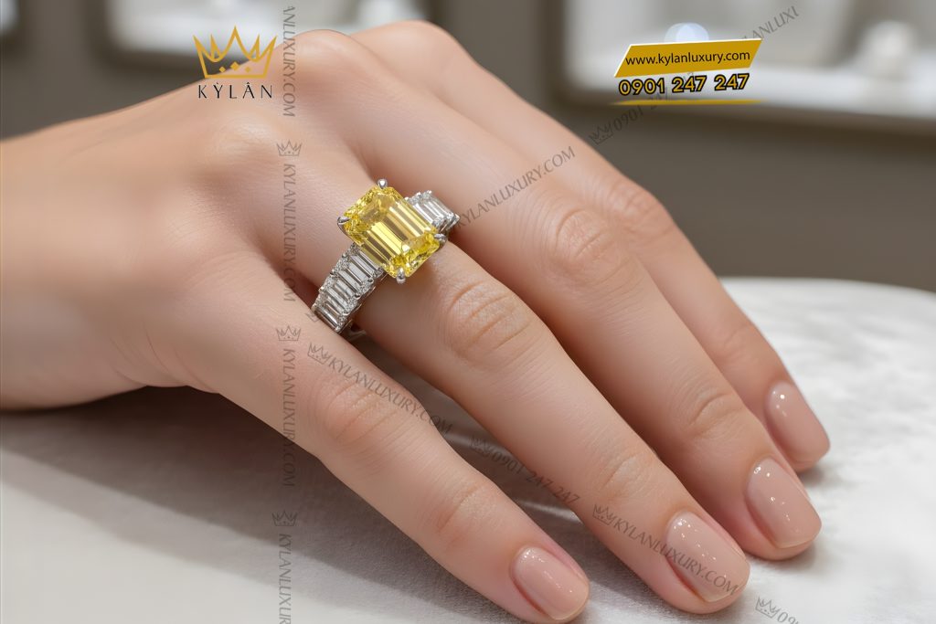Kỳ Lân Luxury Nhan nu vang trang Au750 dinh kim cuong baguette 9 1 Nhẫn nữ vàng trắng Au750 đính kim cương baguette 