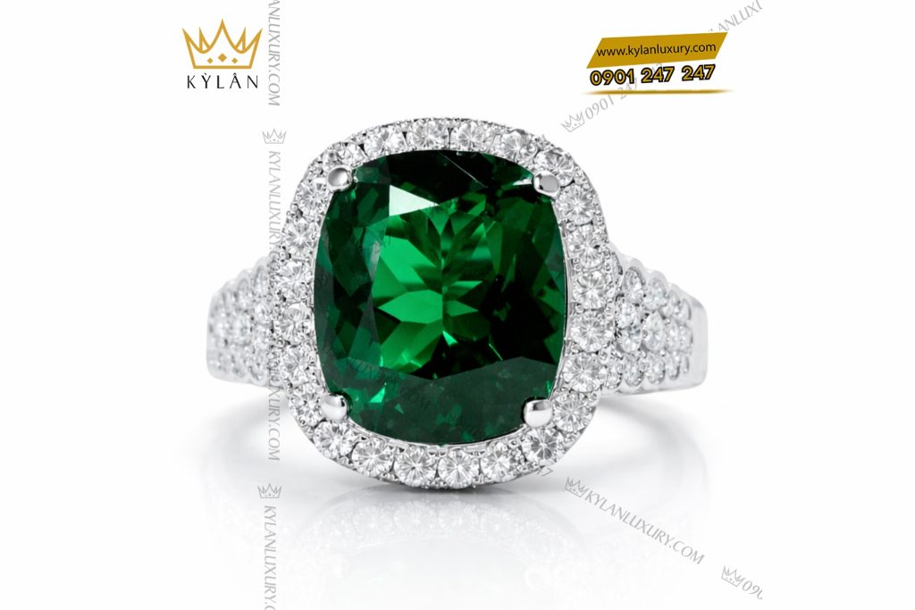 Nhẫn nữ vàng trắng Au750 đính kim cương và đá ngọc lục bảo