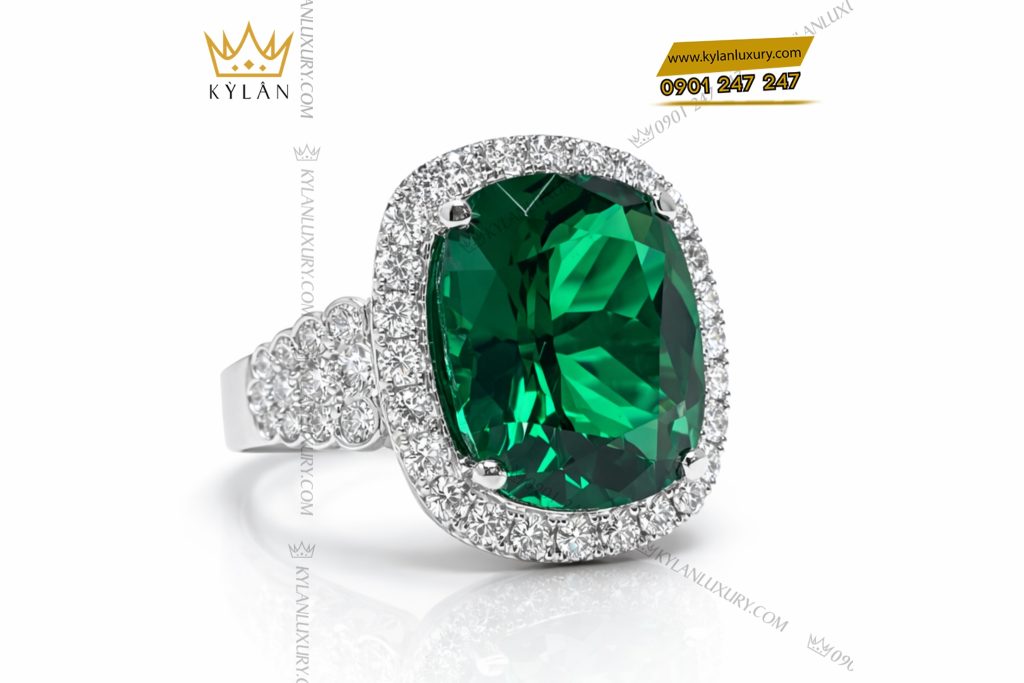 Nhẫn nữ vàng trắng Au750 đính kim cương và đá ngọc lục bảo