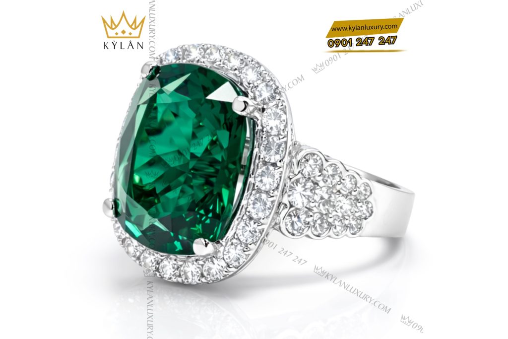 Nhẫn nữ vàng trắng Au750 đính kim cương và đá ngọc lục bảo