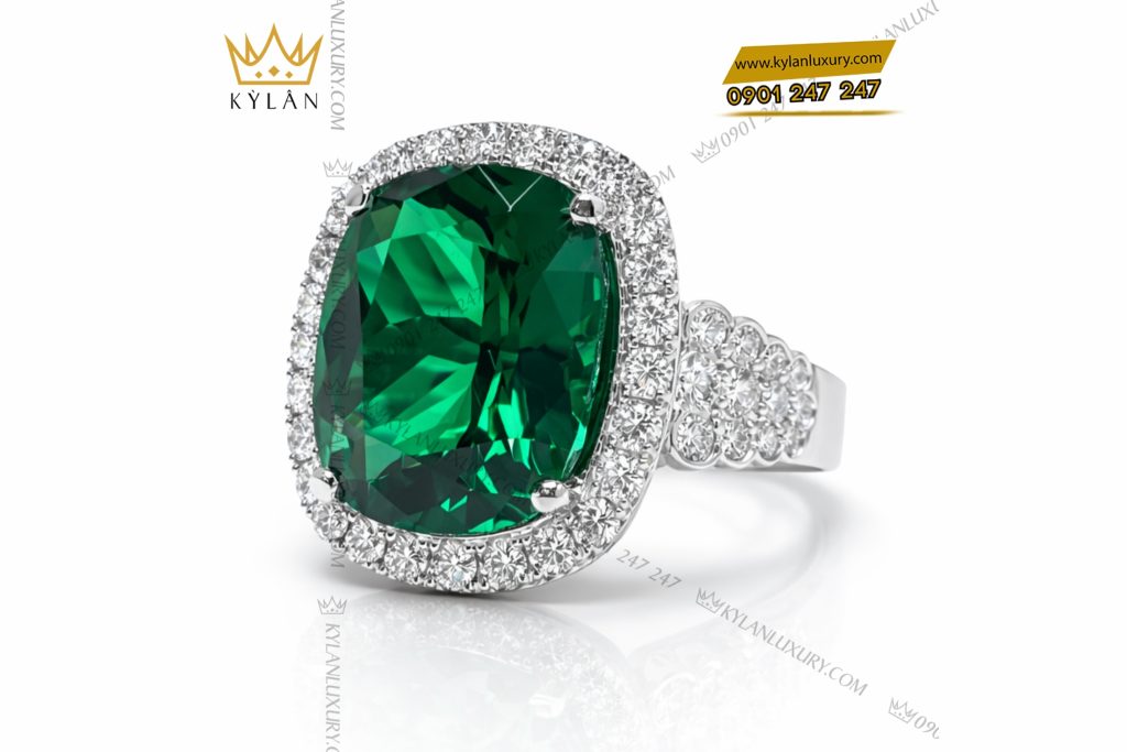 Kỳ Lân Luxury Nhan nu vang trang Au750 dinh kim cuong va da ngoc luc bao 5 Nhẫn nữ vàng trắng Au750 đính kim cương và đá ngọc lục bảo