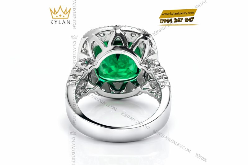 Nhẫn nữ vàng trắng Au750 đính kim cương và đá ngọc lục bảo