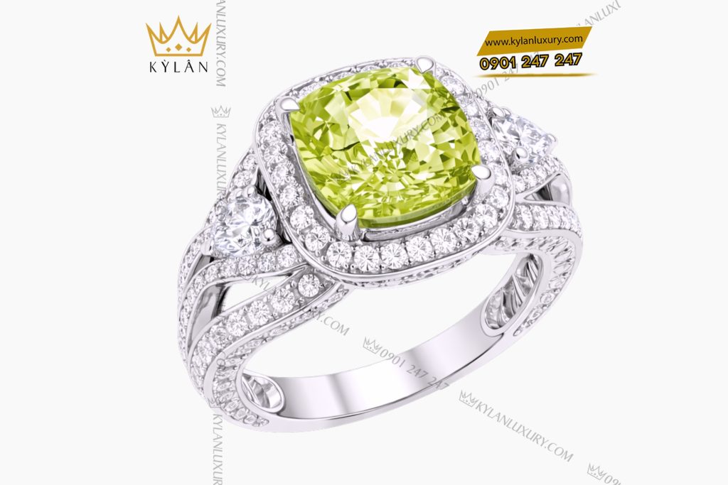 Kỳ Lân Luxury Nhan nu vang trang Au750 dinh kim cuong va da quy xanh 3 Nhẫn nữ vàng trắng Au750 đính kim cương và đá quý xanh
