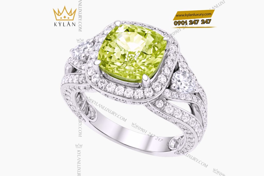 Nhẫn nữ vàng trắng Au750 đính kim cương và đá quý xanh
