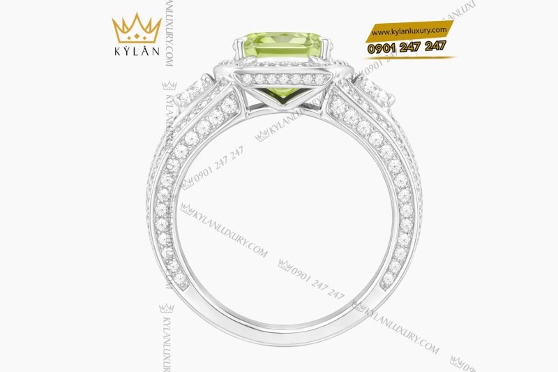 Nhẫn nữ vàng trắng Au750 đính kim cương và đá quý xanh