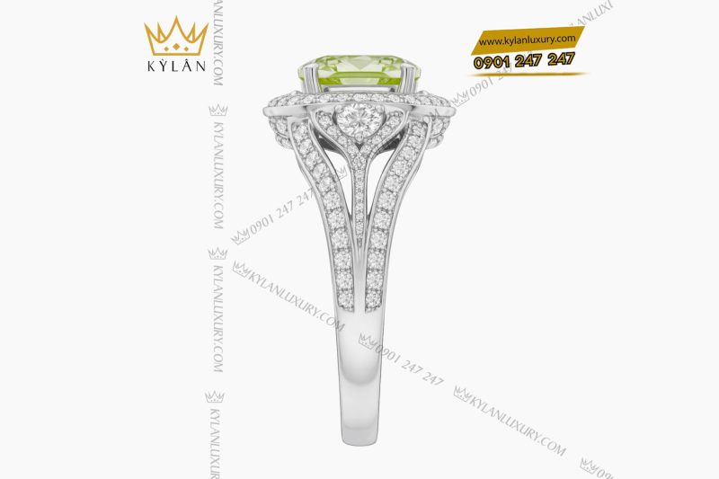 Nhẫn nữ vàng trắng Au750 đính kim cương và đá quý xanh