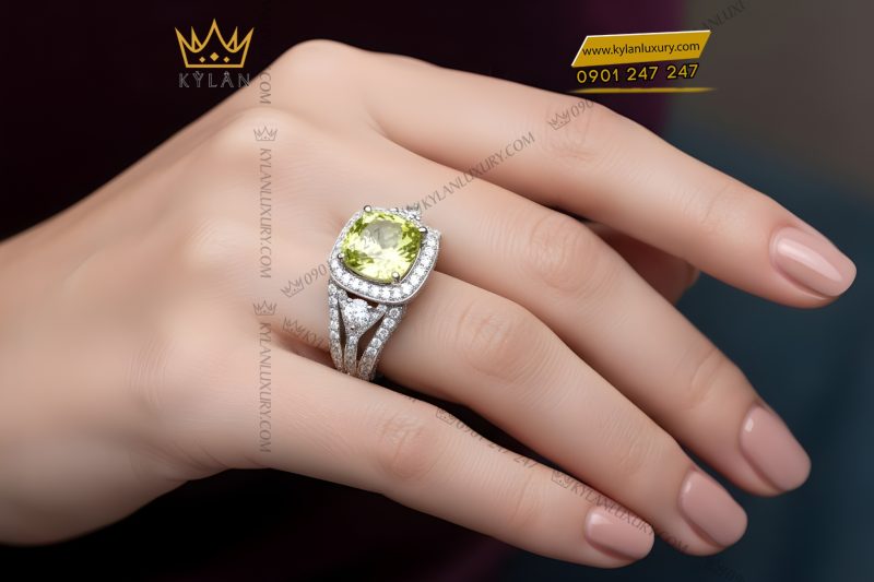 Nhẫn nữ vàng trắng Au750 đính kim cương và đá quý xanh
