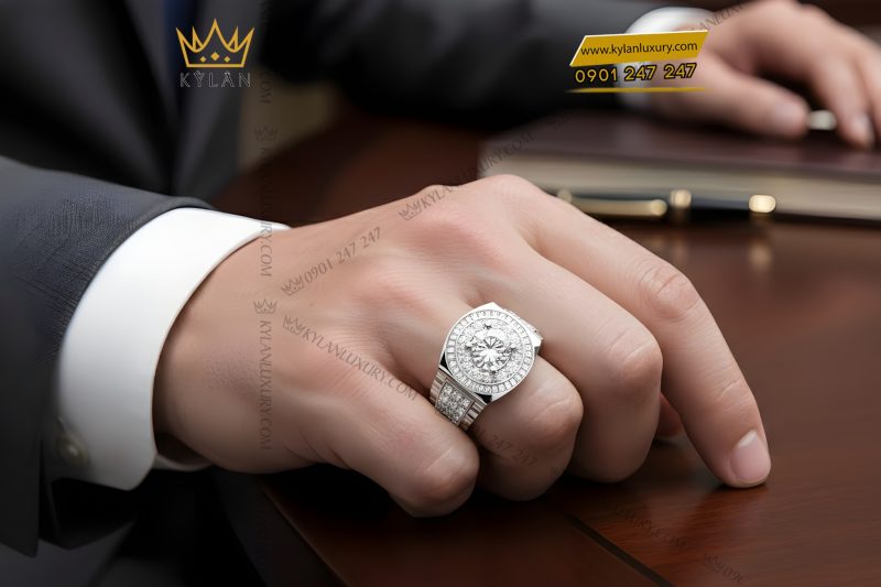 Nhẫn rolex vàng trắng Au750 đính kim cương