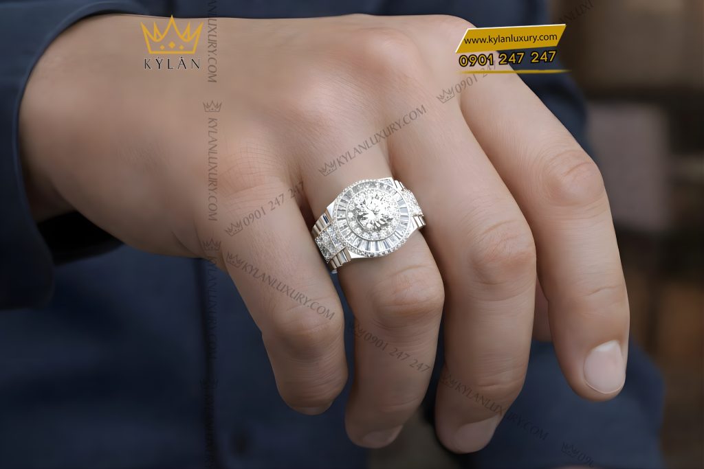 Nhẫn rolex vàng trắng Au750 đính kim cương 