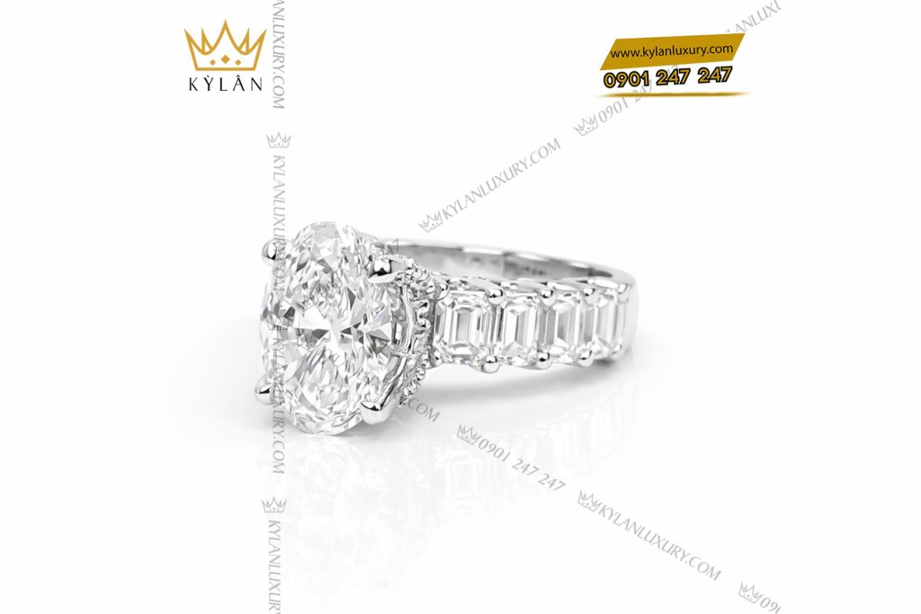 Nhẫn vàng trắng Au750 đính kim cương Oval