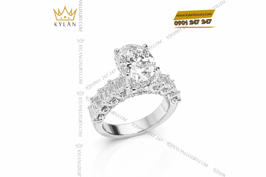 Nhẫn vàng trắng Au750 đính kim cương Oval