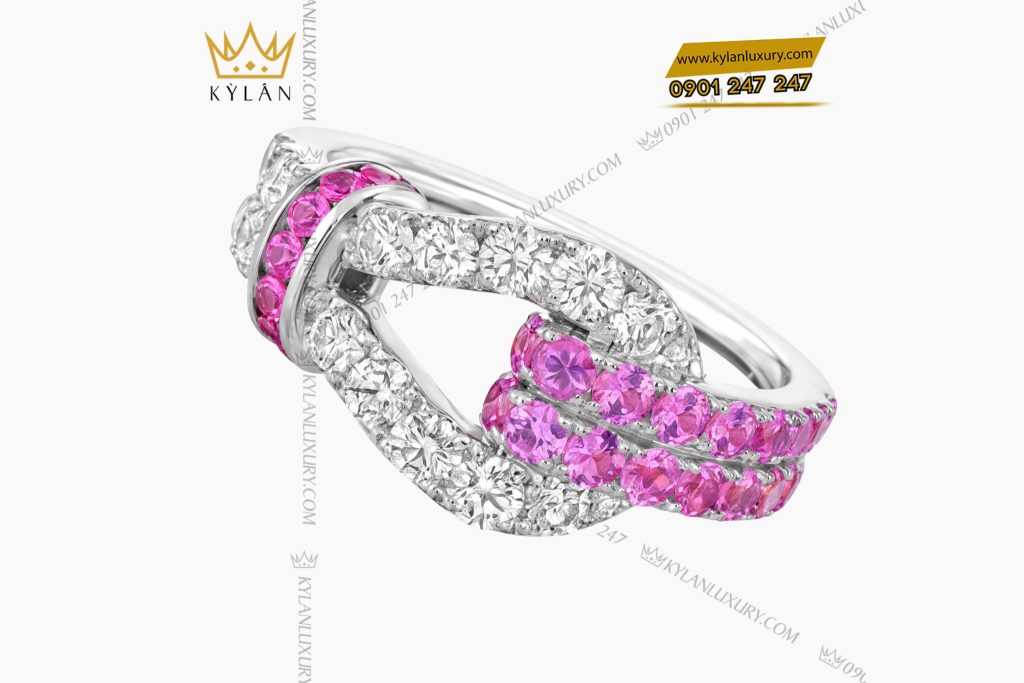 Nhẫn vàng trắng Au750 đính kim cương và đá quý hồng 3 Nhẫn vàng trắng Au750 đính kim cương và đá quý hồng