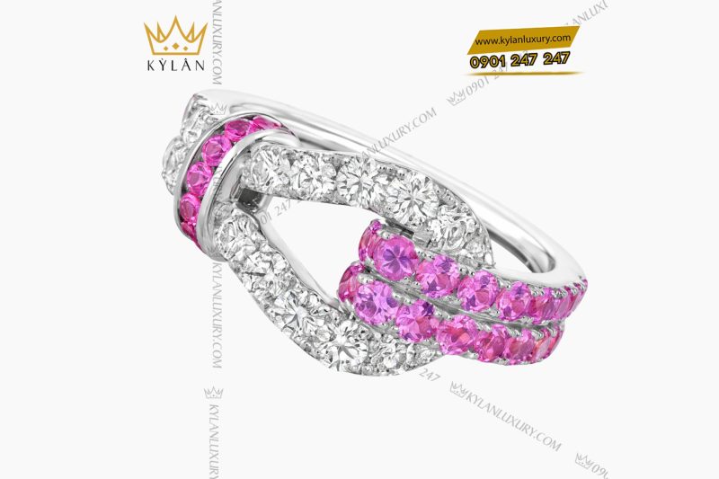 Nhẫn vàng trắng Au750 đính kim cương và đá quý hồng