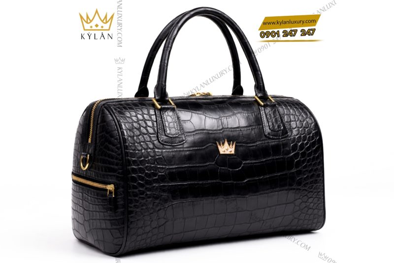 Túi xách da cá Alligator Black đính logo vương miện vàng KY LAN