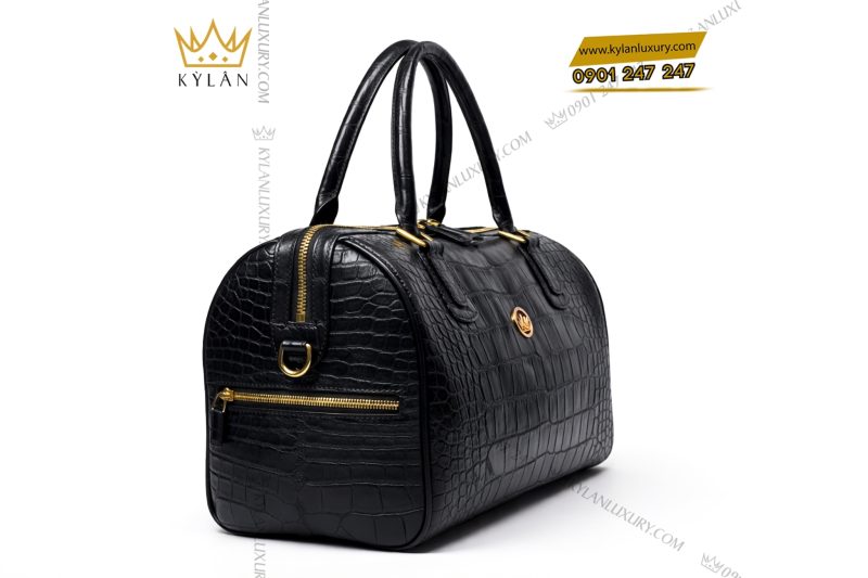 Túi xách da cá Alligator Black đính logo vương miện vàng KY LAN