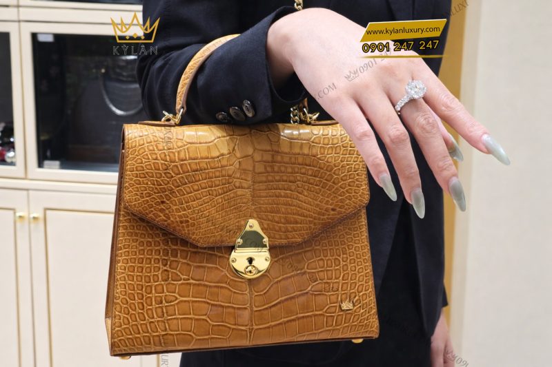 Túi xách nữ da Alligator màu vàng nâu