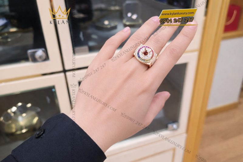 Vỏ nhẫn Rolex vàng hồng Au750 đính kim cương và đá quý Rainbow
