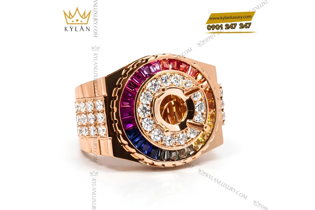 Vỏ nhẫn Rolex vàng hồng Au750 đính kim cương và đá quý Rainbow 2 Vỏ nhẫn Rolex vàng hồng Au750 đính kim cương và đá quý Rainbow