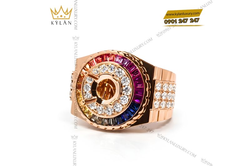 Vỏ nhẫn Rolex vàng hồng Au750 đính kim cương và đá quý Rainbow