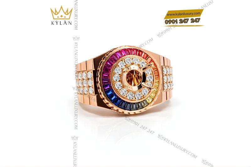 Vỏ nhẫn Rolex vàng hồng Au750 đính kim cương và đá quý Rainbow