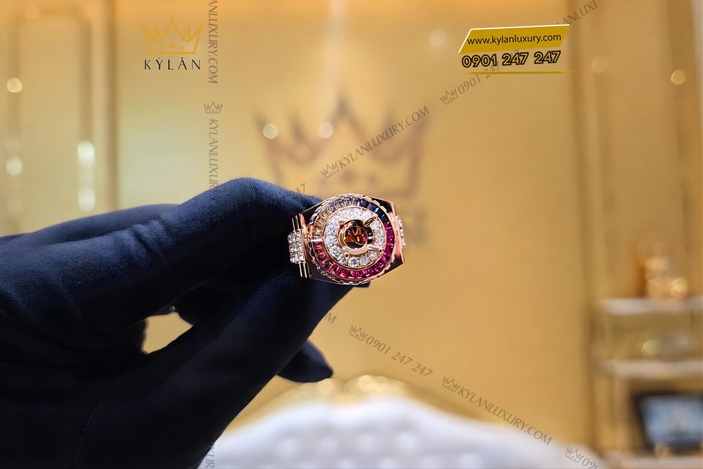 Vỏ nhẫn Rolex vàng hồng Au750 đính kim cương và đá quý Rainbow 5 Vỏ nhẫn Rolex vàng hồng Au750 đính kim cương và đá quý Rainbow