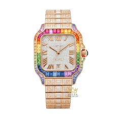 Đồng hồ Cartier Santos vàng hồng custom full kim cương vành rainbow