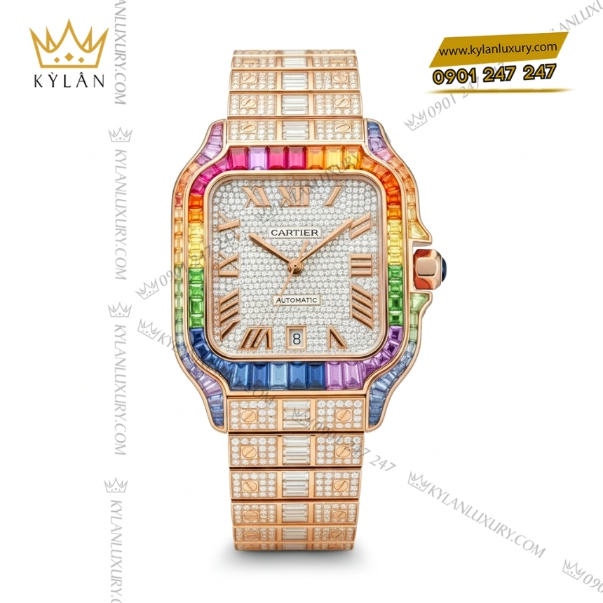 Kỳ Lân Luxury cartier santos vang hong full kim cuong rainbow 2 Đồng hồ Cartier Santos vàng hồng custom full kim cương vành rainbow