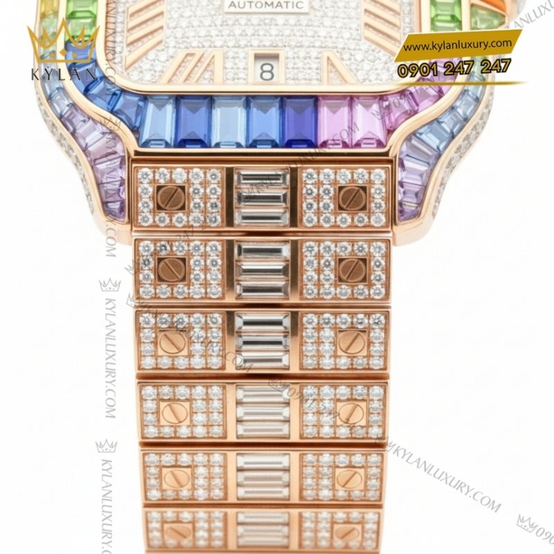 Đồng hồ Cartier Santos vàng hồng custom full kim cương vành rainbow