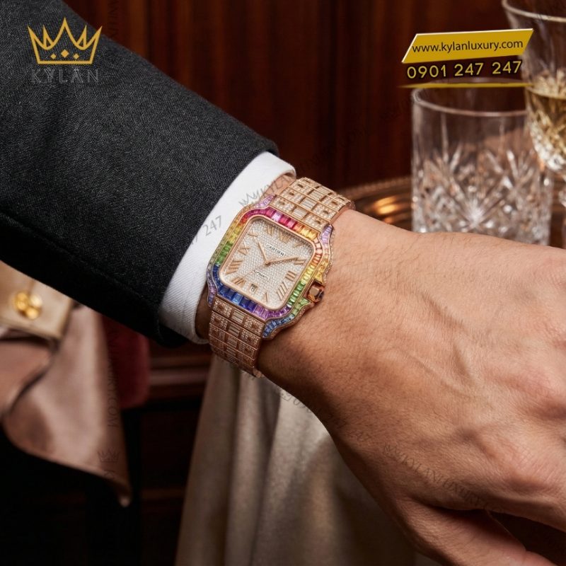 Đồng hồ Cartier Santos vàng hồng custom full kim cương vành rainbow