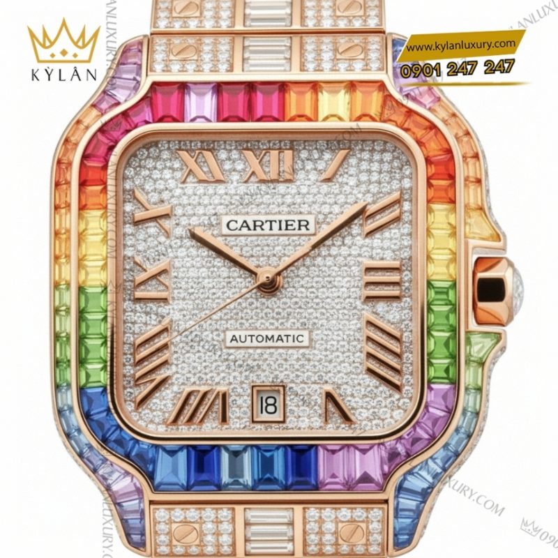 Đồng hồ Cartier Santos vàng hồng custom full kim cương vành rainbow