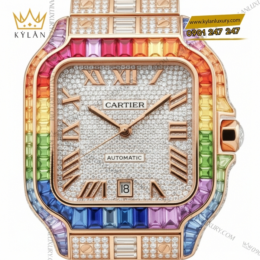 Kỳ Lân Luxury cartier santos vang hong full kim cuong rainbow 5 Đồng hồ Cartier Santos vàng hồng custom full kim cương vành rainbow