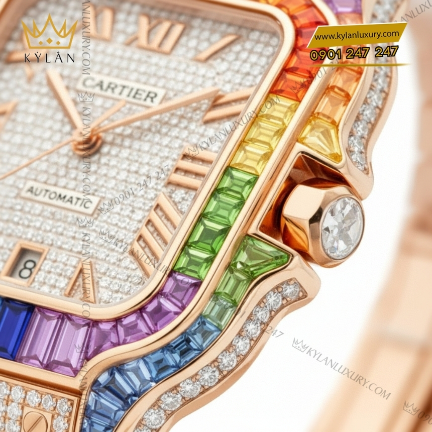 Kỳ Lân Luxury cartier santos vang hong full kim cuong rainbow 6 Đồng hồ Cartier Santos vàng hồng custom full kim cương vành rainbow