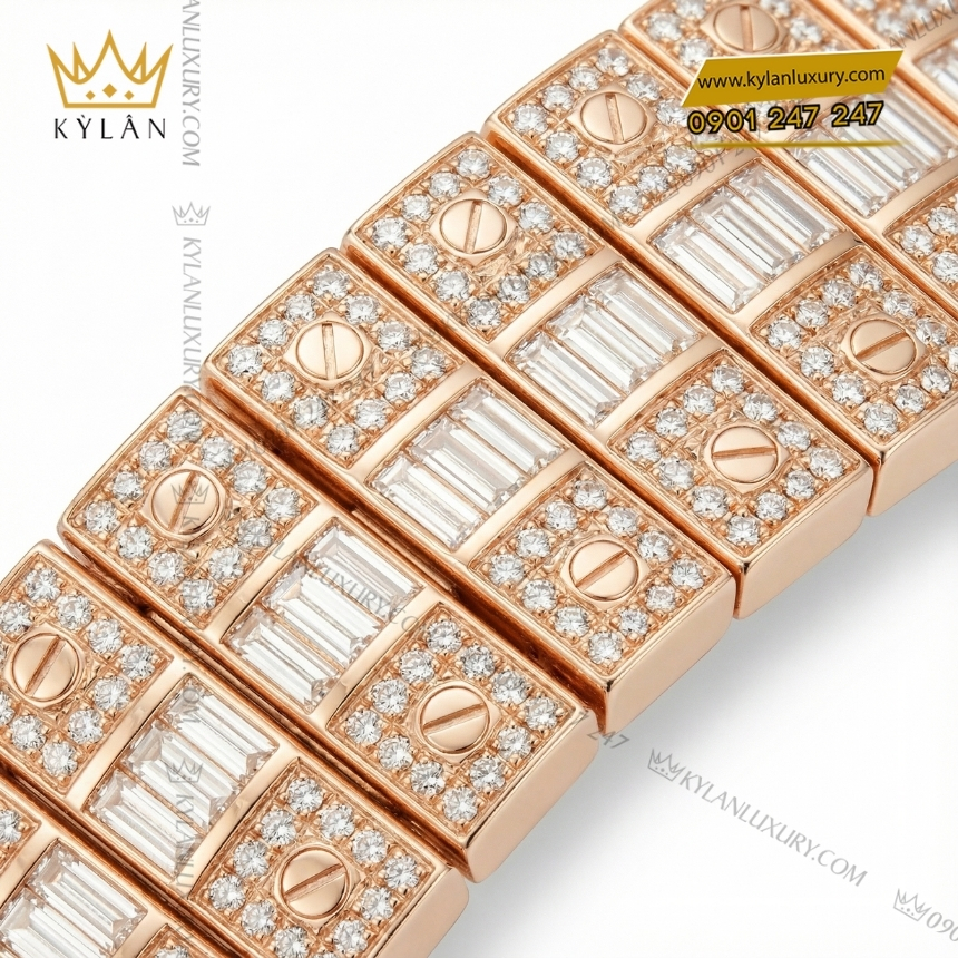 Kỳ Lân Luxury cartier santos vang hong full kim cuong rainbow 7 Đồng hồ Cartier Santos vàng hồng custom full kim cương vành rainbow