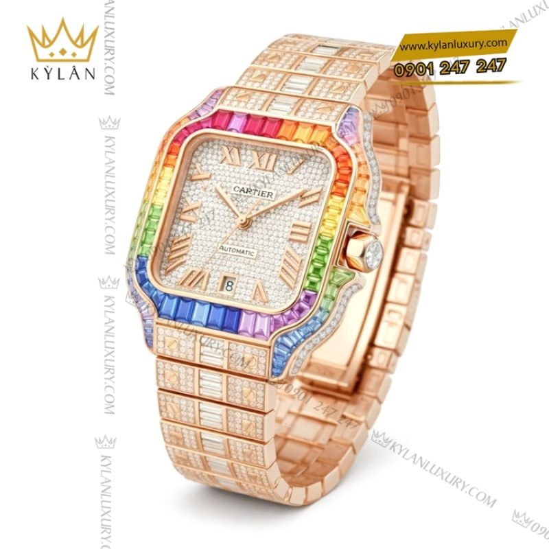 Đồng hồ Cartier Santos vàng hồng custom full kim cương vành rainbow