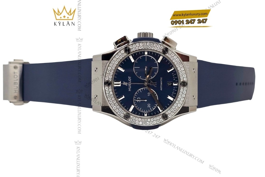 Kỳ Lân Luxury hublot chronograph titanium blue 45mm bezel kim cuong 3 Đồng hồ Hublot Classic Fusion Chronograph Titanium Blue custom vành kim 45mm