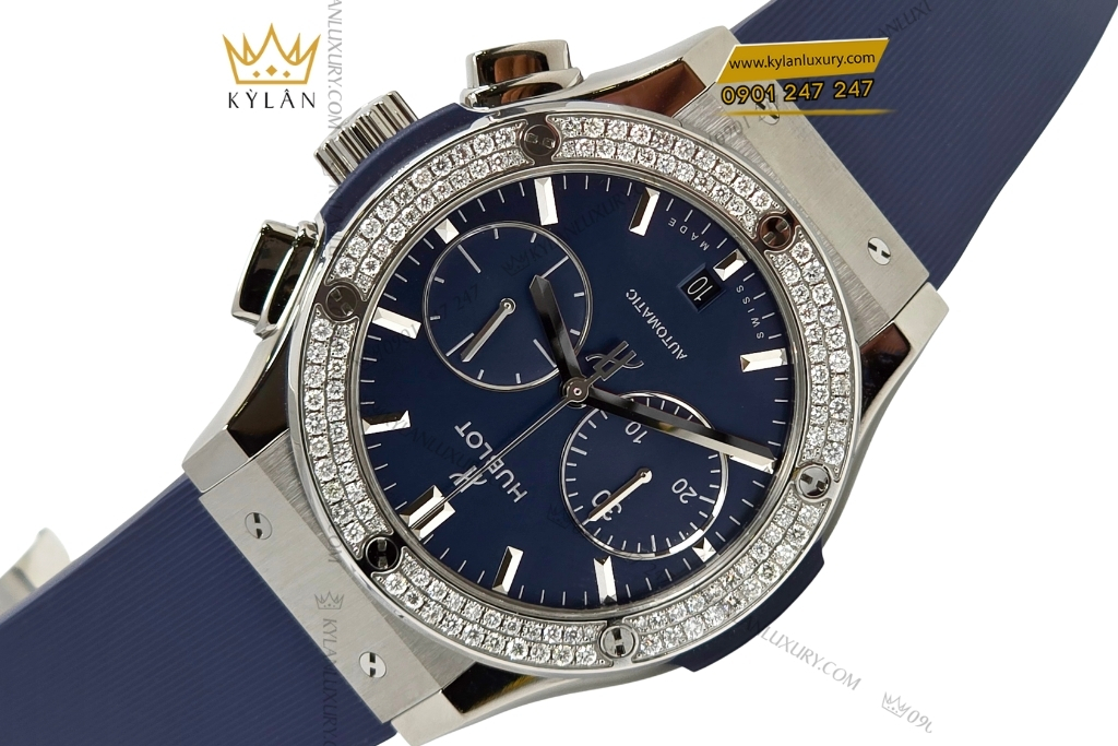 Kỳ Lân Luxury hublot chronograph titanium blue 45mm bezel kim cuong 5 Đồng hồ Hublot Classic Fusion Chronograph Titanium Blue custom vành kim 45mm