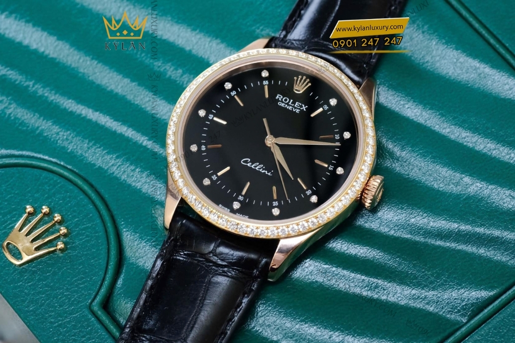 Kỳ Lân Luxury rolex cellini 50705rbr 0014 vang hong kim cuong 2 Đồng hồ Rolex Cellini mặt đen vành kim cương 50705RBR-0014