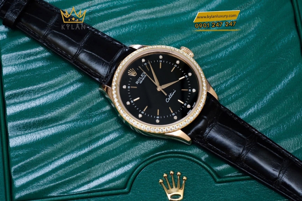 Kỳ Lân Luxury rolex cellini 50705rbr 0014 vang hong kim cuong 3 Đồng hồ Rolex Cellini mặt đen vành kim cương 50705RBR-0014