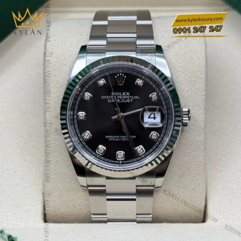 Đồng hồ Rolex Datejust 36 mặt đen cọc kim cương 126234-0028