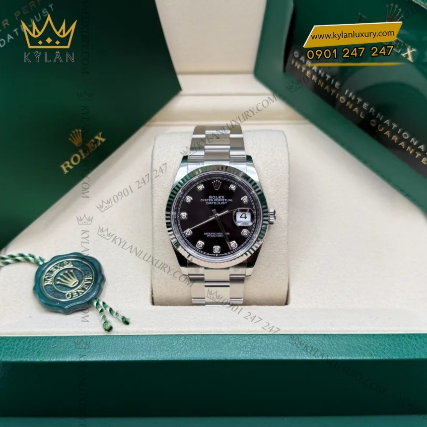 Kỳ Lân Luxury rolex datejust 36 126234 0028 den kim cuong 8 Đồng hồ Rolex Datejust 36 mặt đen cọc kim cương 126234-0028