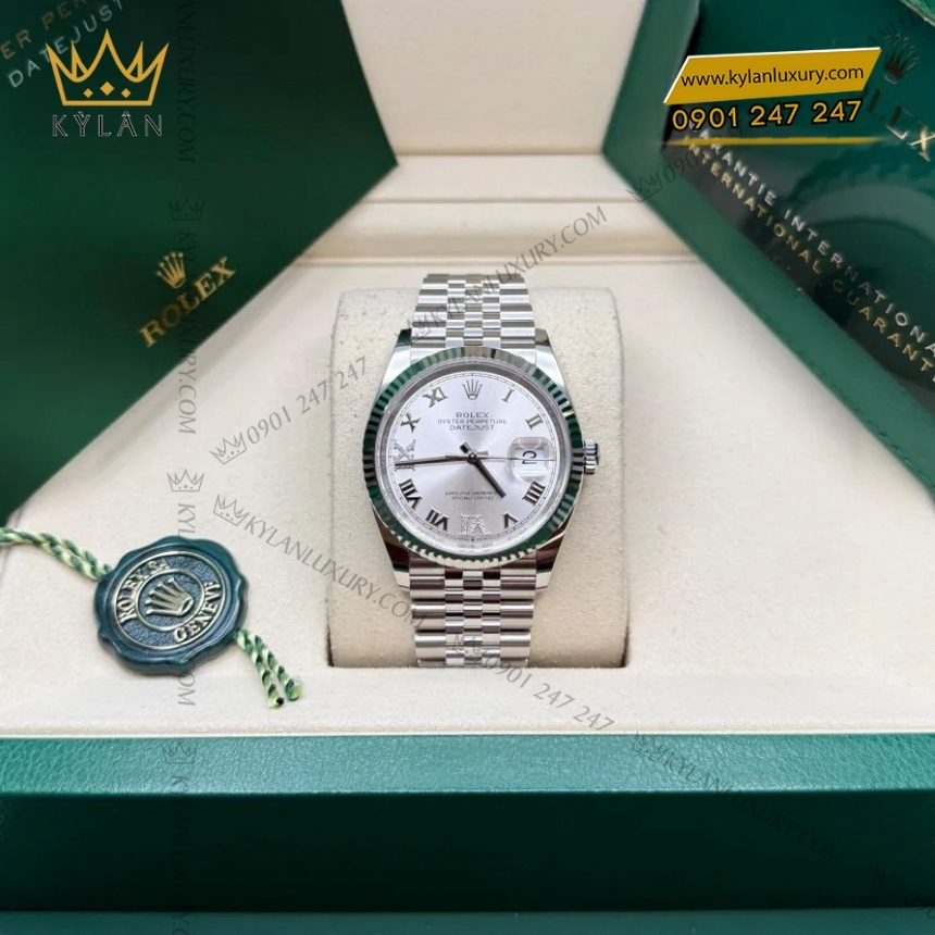 Kỳ Lân Luxury rolex datejust 36 126234 0029 bac la ma kim cuong 2 Đồng hồ Rolex Datejust 36 mặt bạc cọc La Mã 126234-0029