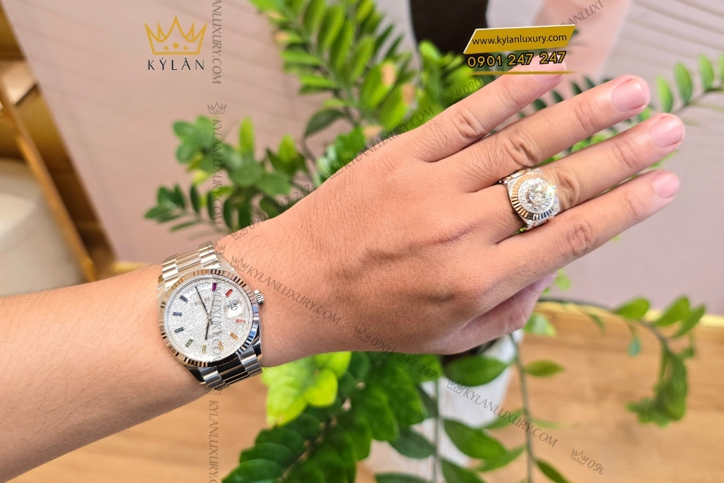 Kỳ Lân Luxury rolex day date 36 128239 0019 vang trang rainbow 10 Đồng hồ Rolex Day Date 36 vàng trắng cọc rainbow 128239-0019