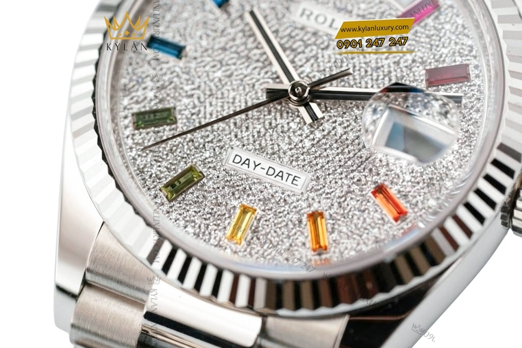 Kỳ Lân Luxury rolex day date 36 128239 0019 vang trang rainbow 2 Đồng hồ Rolex Day Date 36 vàng trắng cọc rainbow 128239-0019
