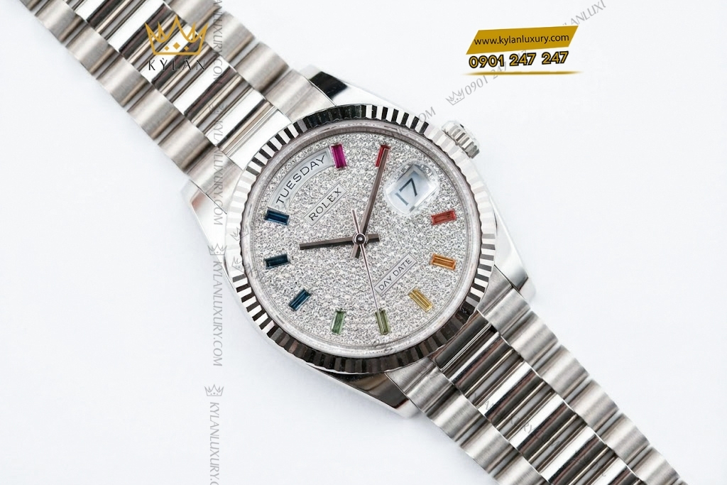 Kỳ Lân Luxury rolex day date 36 128239 0019 vang trang rainbow 4 Đồng hồ Rolex Day Date 36 vàng trắng cọc rainbow 128239-0019