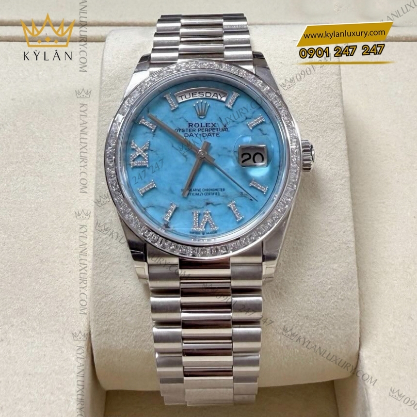 Kỳ Lân Luxury rolex day date 36 bach kim turquoise 128396tbr 0016 3 Đồng hồ Rolex Day Date 36 bạch kim mặt số turquoise 128396TBR-0016