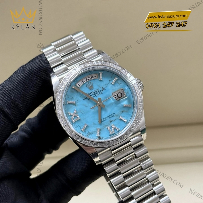 Kỳ Lân Luxury rolex day date 36 bach kim turquoise 128396tbr 0016 7 Đồng hồ Rolex Day Date 36 bạch kim mặt số turquoise 128396TBR-0016