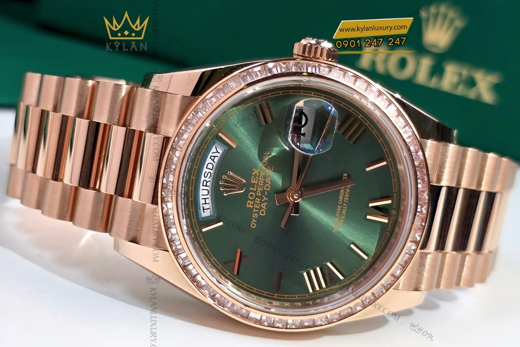 Kỳ Lân Luxury rolex day date 36 olive custom vanh kim vuong 128235 0089 21 Đồng hồ Rolex Day Date 36 Olive custom vành kim vuông 128235-0089
