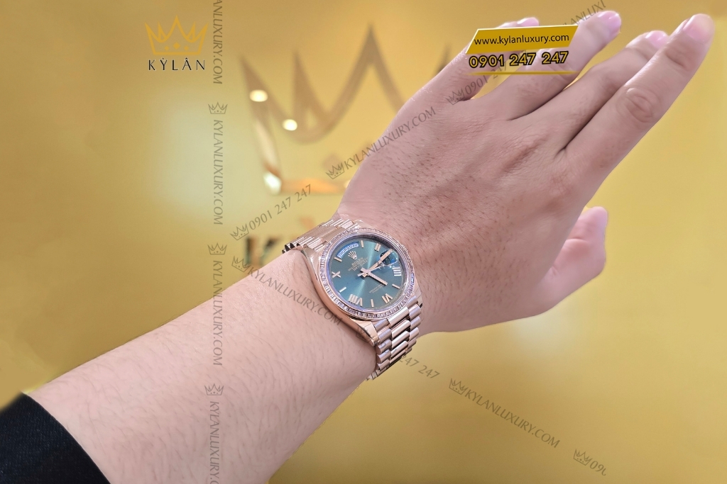 Kỳ Lân Luxury rolex day date 36 olive custom vanh kim vuong 128235 0089 23 Đồng hồ Rolex Day Date 36 Olive custom vành kim vuông 128235-0089