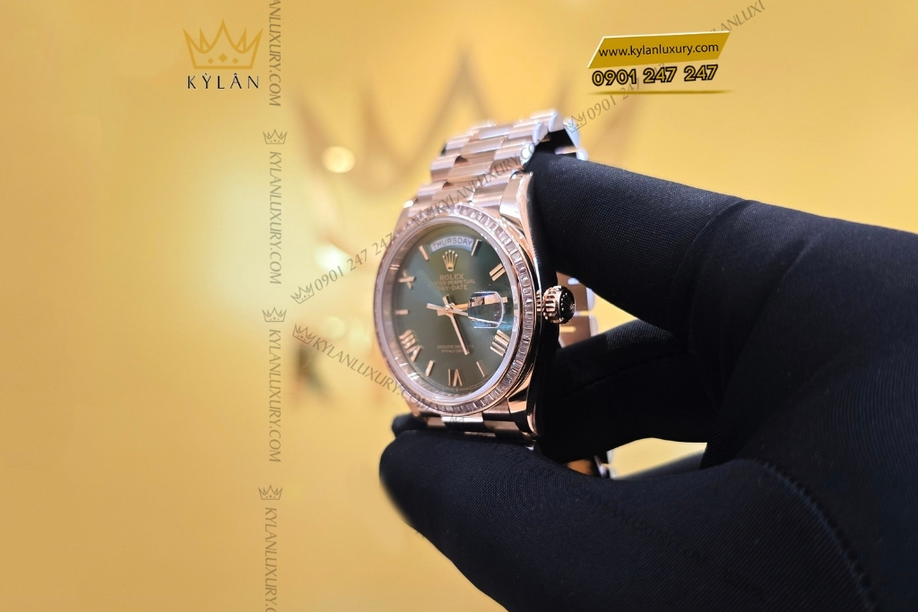 Kỳ Lân Luxury rolex day date 36 olive custom vanh kim vuong 128235 0089 26 Đồng hồ Rolex Day Date 36 Olive custom vành kim vuông 128235-0089